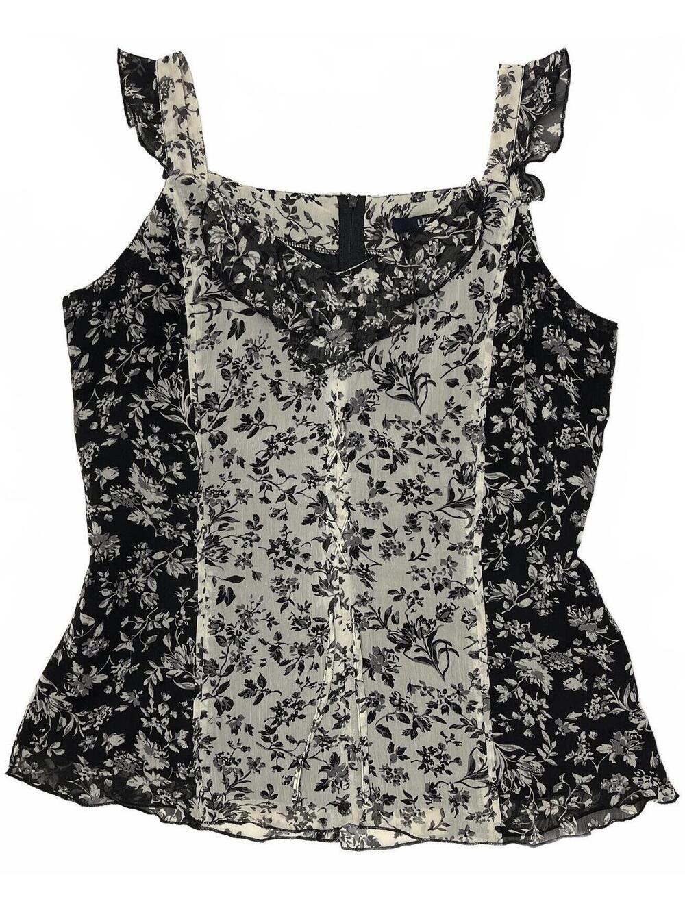 Y2K Le Grenier Sz S Whimsigoth Floral Mesh Tank Top Ruffle Hems Lace Up Front